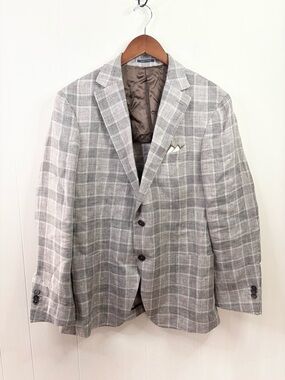 Boggi Milano suit jacket luxury Italian 100% linen soft tan plaid size 56R XL